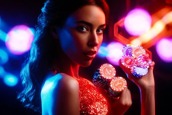 A glamorous woman holding casino chips in a neon-lit environment, representing the premium online casino atmosphere of LUCK789.