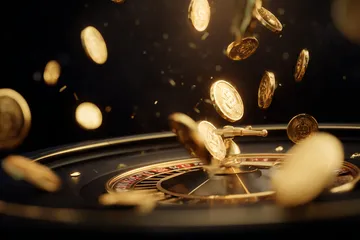 A close-up shot of golden coins falling around a spinning roulette wheel, representing immersive casino action at LUCK789.