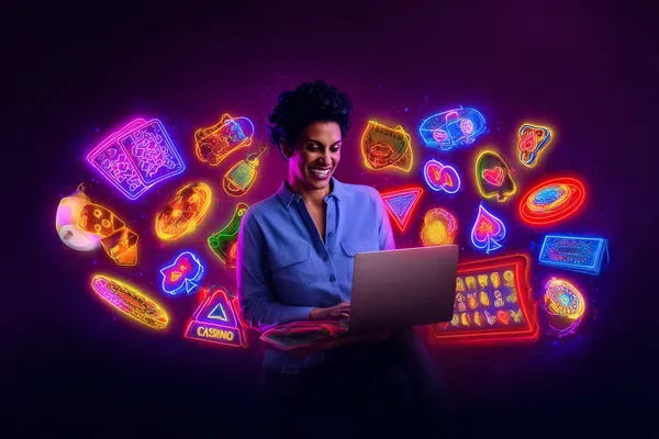 A woman smiling while playing online games on her laptop, surrounded by neon casino elements, showcasing LUCK789’s diverse game collection.