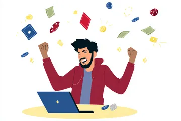 A man celebrating a winning moment on his laptop while gaming symbols float around him, capturing the excitement of LUCK789 games.