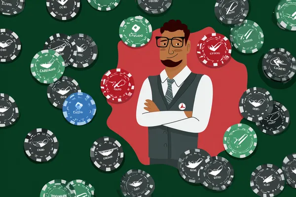 A confident dealer surrounded by casino chips inviting players to access their LUCK789 account, reflecting quick and easy login options.